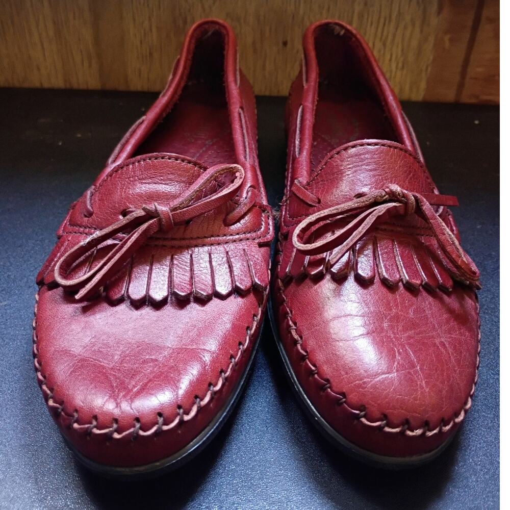 Vintage Burgundy Leather Kiltie Loafers Moc Toe Preppy Academia Dexter 6.5